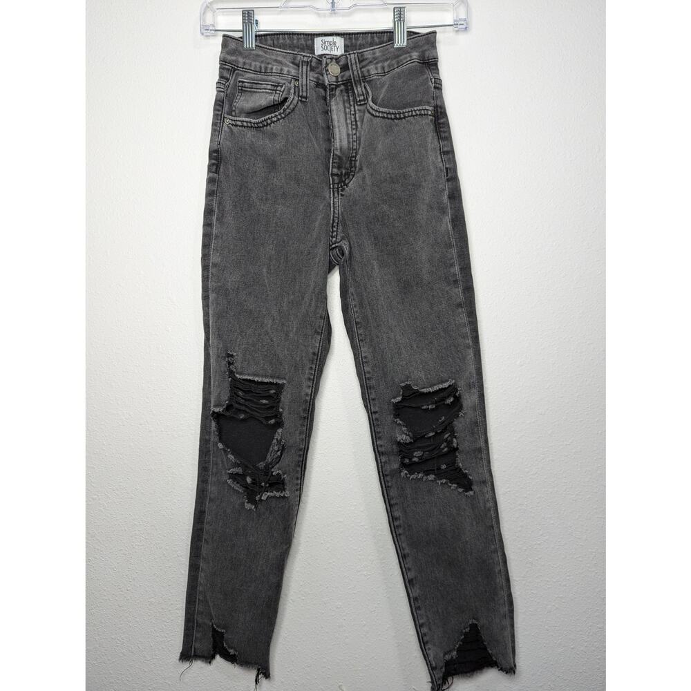 Simple Society Women's Black Leg Distressed Denim Jeans Pants Size 00/23